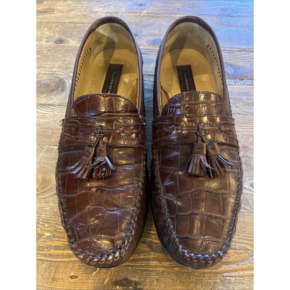 Florsheim Pisa Moc Toe Loafer Cognac Brown Leather Croc Print Tassel Sz 10.5 D